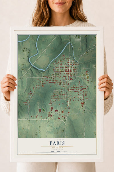 Map of Paris, Missouri, 18 x 24 inch print in a white wood frame