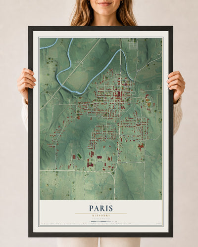 Map of Paris, Missouri, 24 x 36 inch print in a black wood frame
