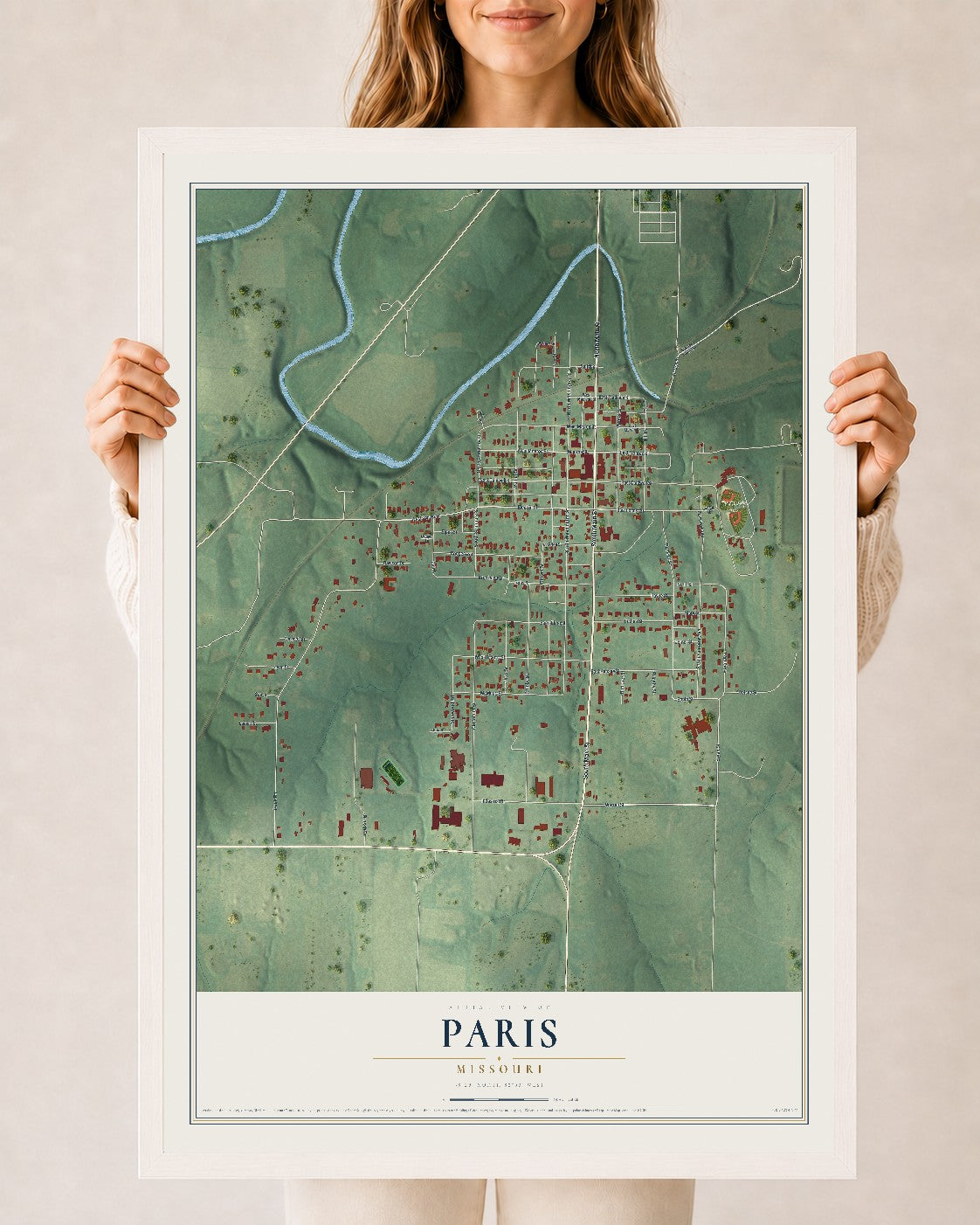 Map of Paris, Missouri, 24 x 36 inch print in a white wood frame