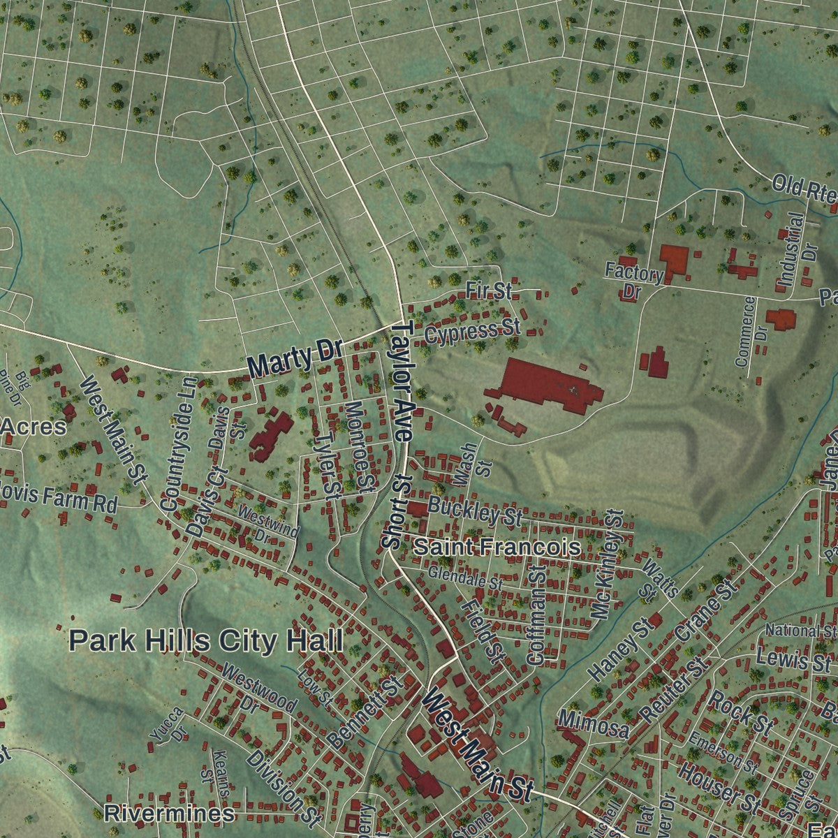 Close-up of the map of Park Hills, Missouri print showing street and building detail