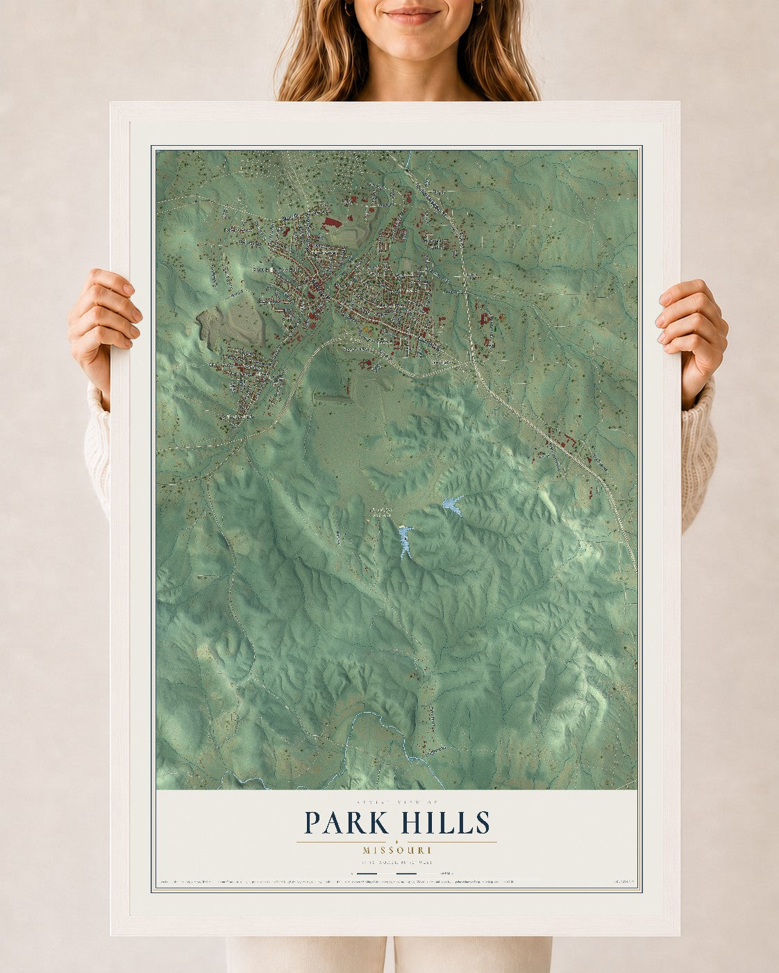 Map of Park Hills, Missouri, 24 x 36 inch print in a white wood frame