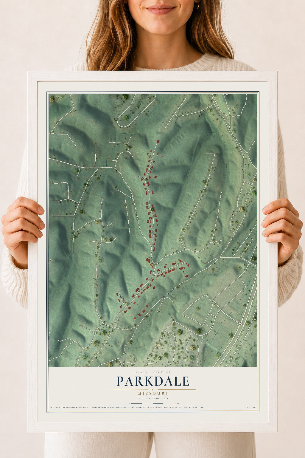 Map of Parkdale, Missouri, 18 x 24 inch print in a white wood frame