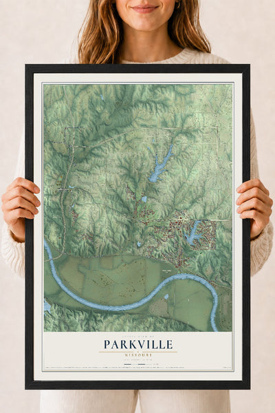 Map of Parkville, Missouri, 18 x 24 inch print in a black wood frame