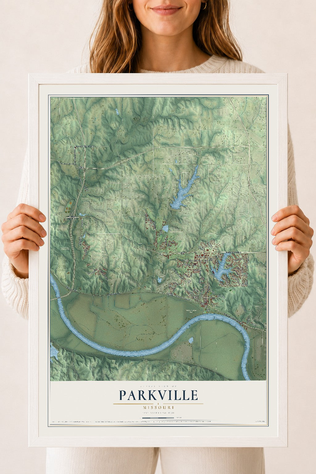 Map of Parkville, Missouri, 18 x 24 inch print in a white wood frame