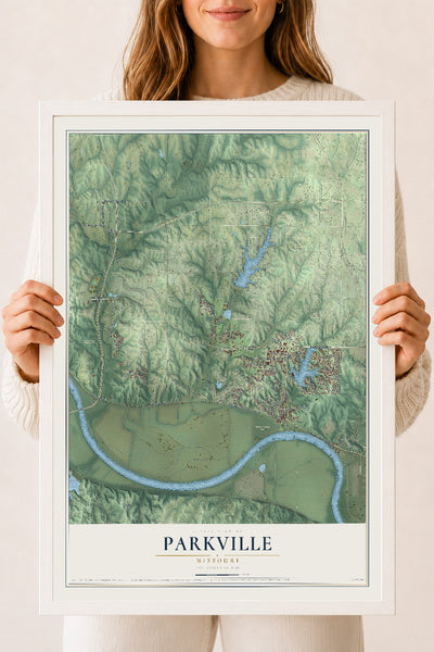 Map of Parkville, Missouri, 18 x 24 inch print in a white wood frame