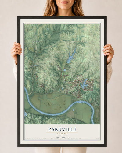 Map of Parkville, Missouri, 24 x 36 inch print in a black wood frame