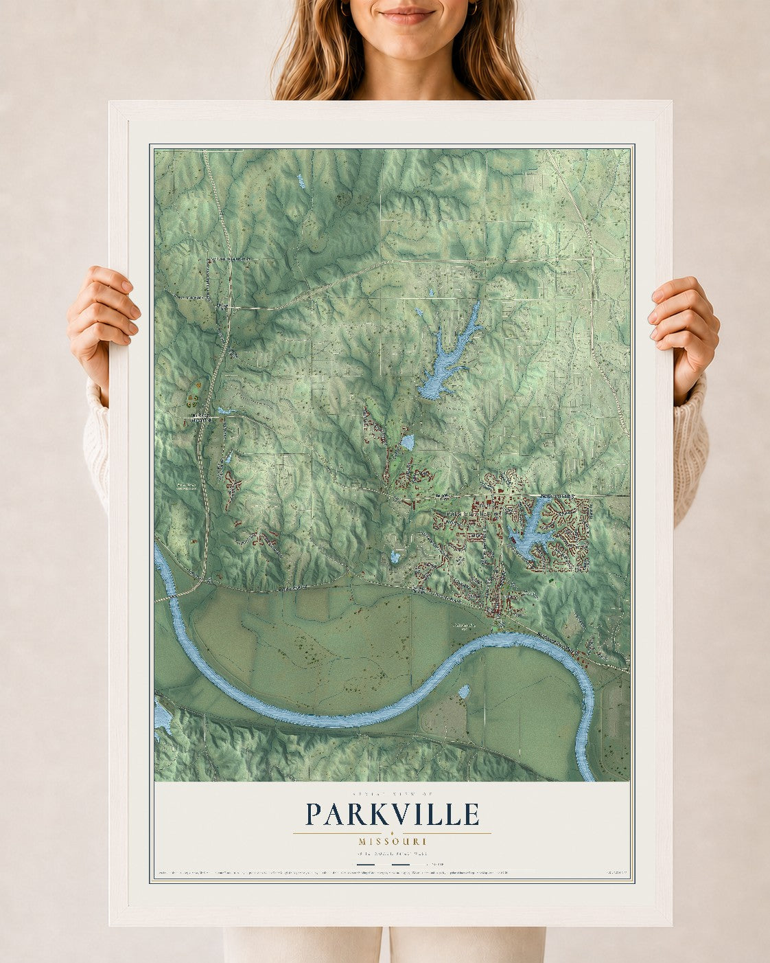 Map of Parkville, Missouri, 24 x 36 inch print in a white wood frame