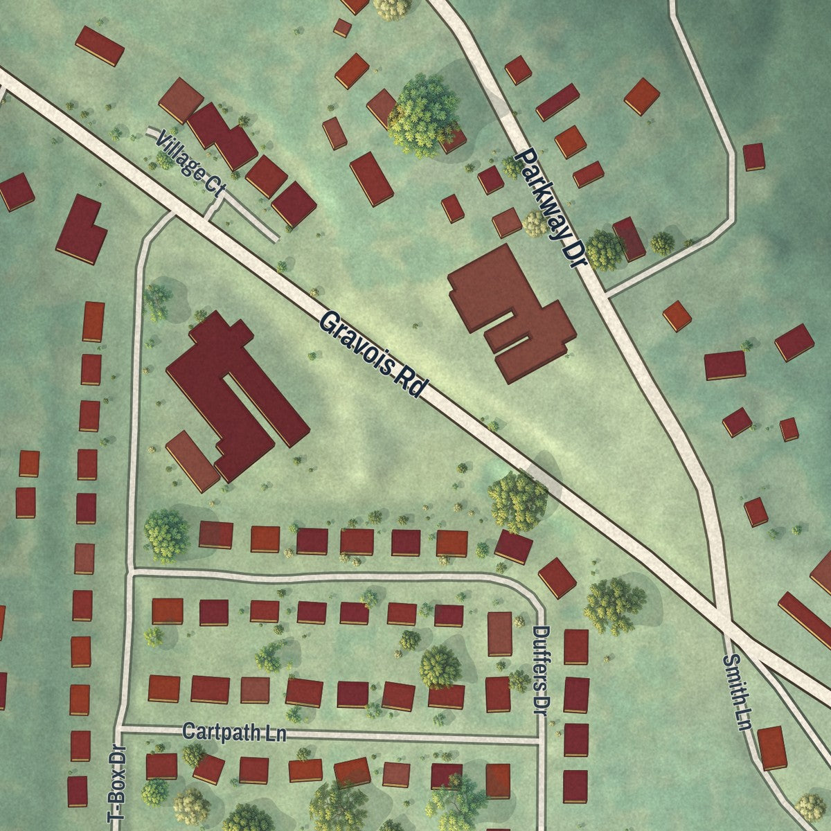 Close-up of the map of Parkway, Missouri print showing street and building detail