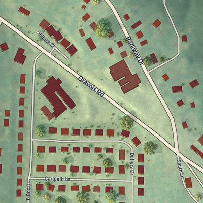 Close-up of the map of Parkway, Missouri print showing street and building detail