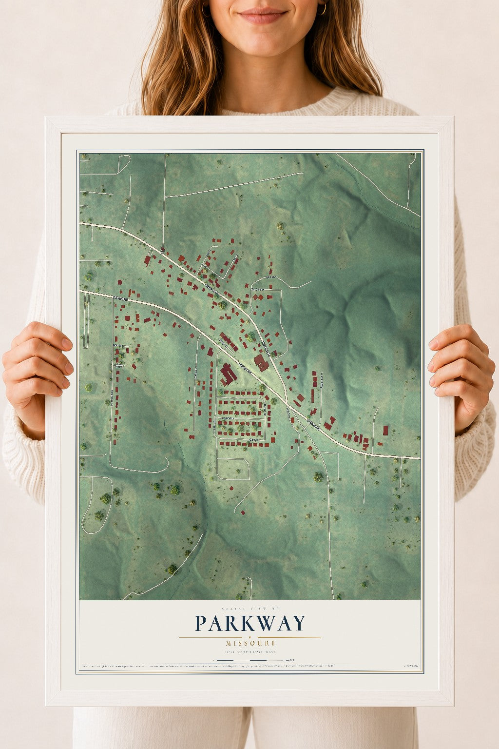 Map of Parkway, Missouri, 18 x 24 inch print in a white wood frame