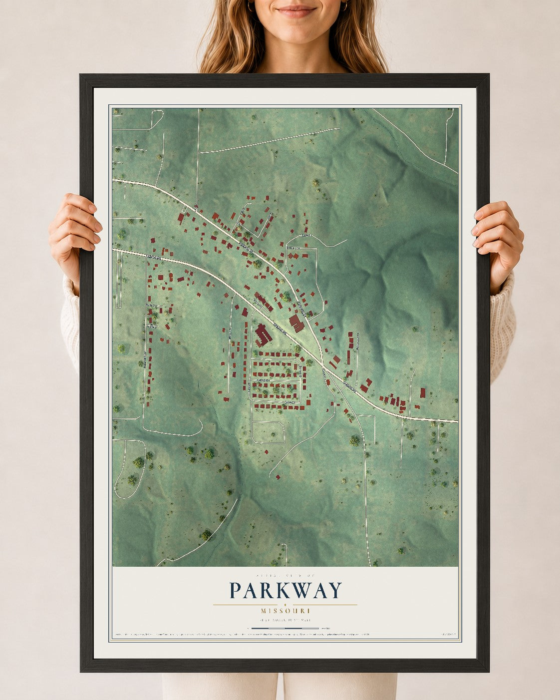 Map of Parkway, Missouri, 24 x 36 inch print in a black wood frame