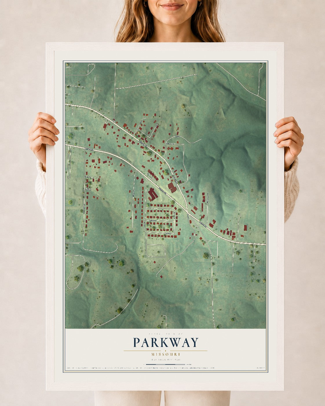 Map of Parkway, Missouri, 24 x 36 inch print in a white wood frame
