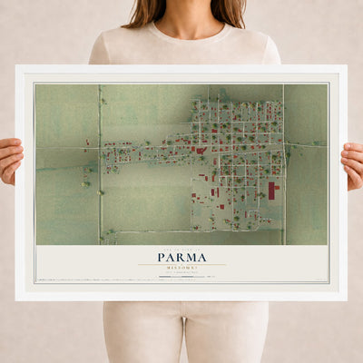 Map of Parma, Missouri, 18 x 24 inch print in a white wood frame