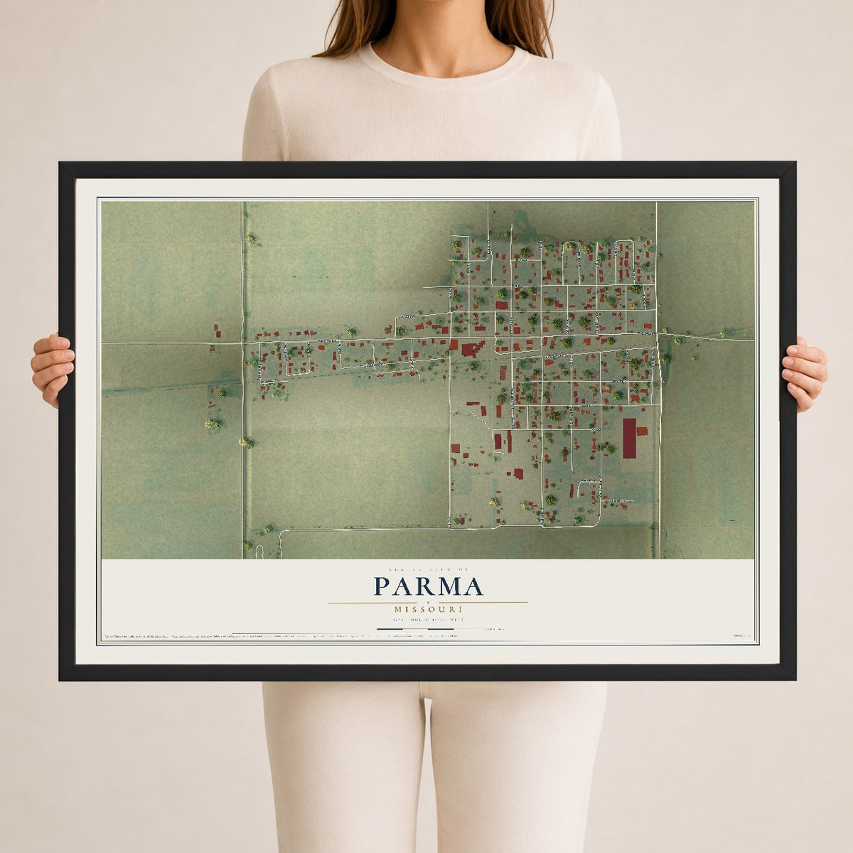 Map of Parma, Missouri, 24 x 36 inch print in a black wood frame