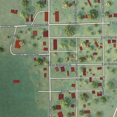 Close-up of the map of Parnell, Missouri print showing street and building detail