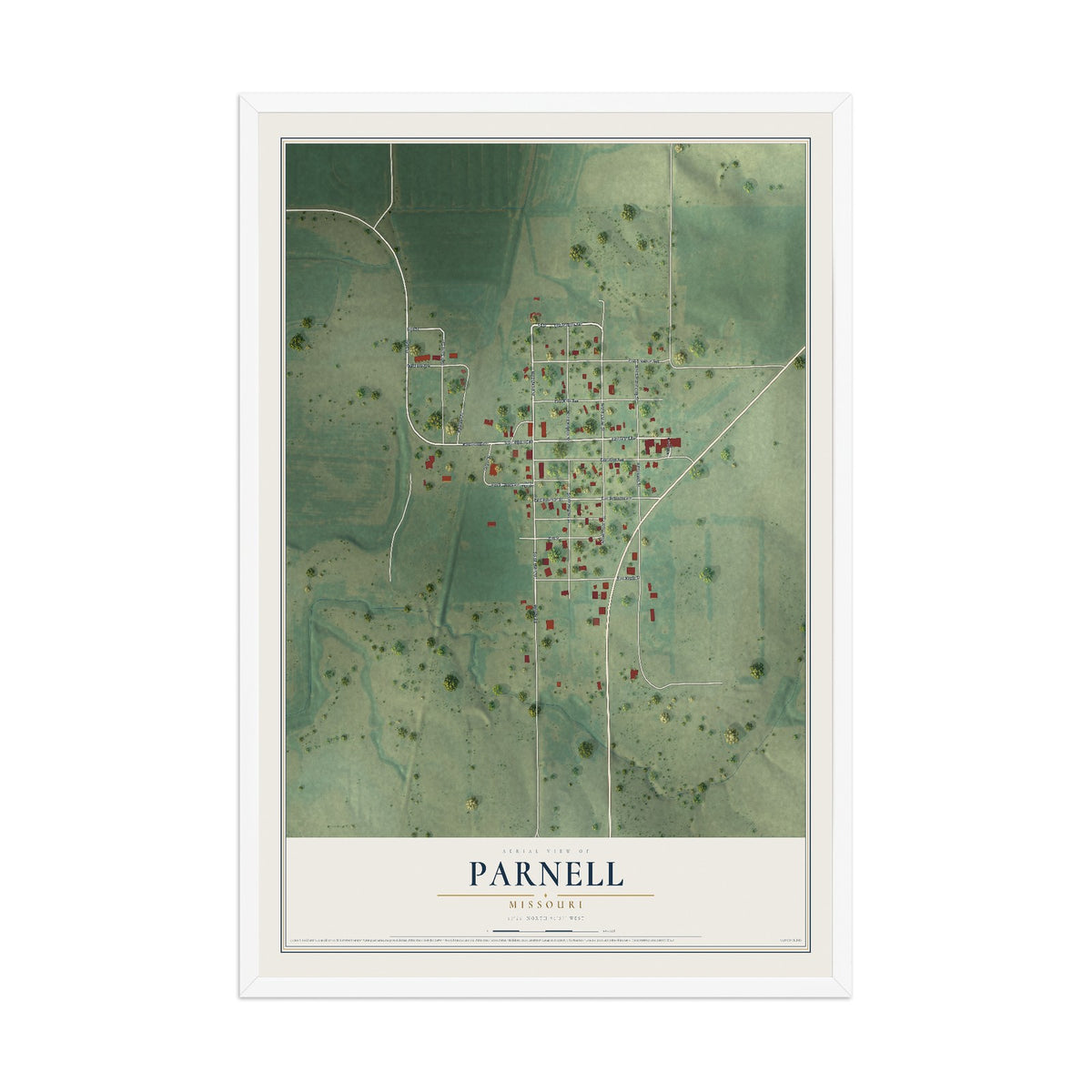 Map of Parnell, Missouri, 12 x 18 inch print in a white wood frame