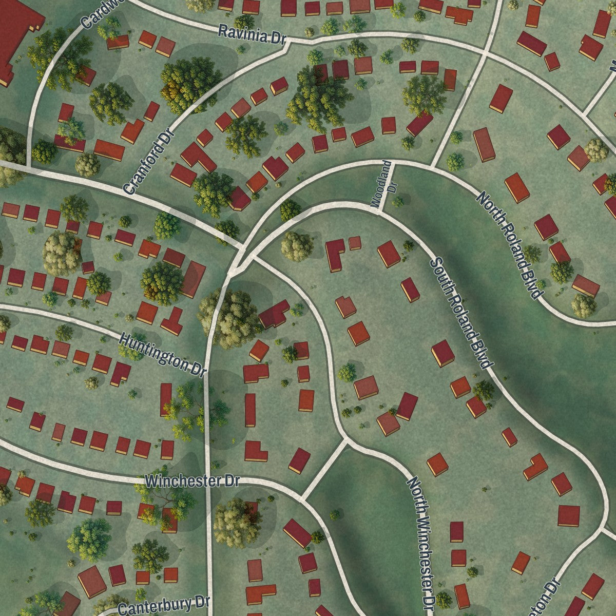 Close-up of the map of Pasadena Hills, Missouri print showing street and building detail