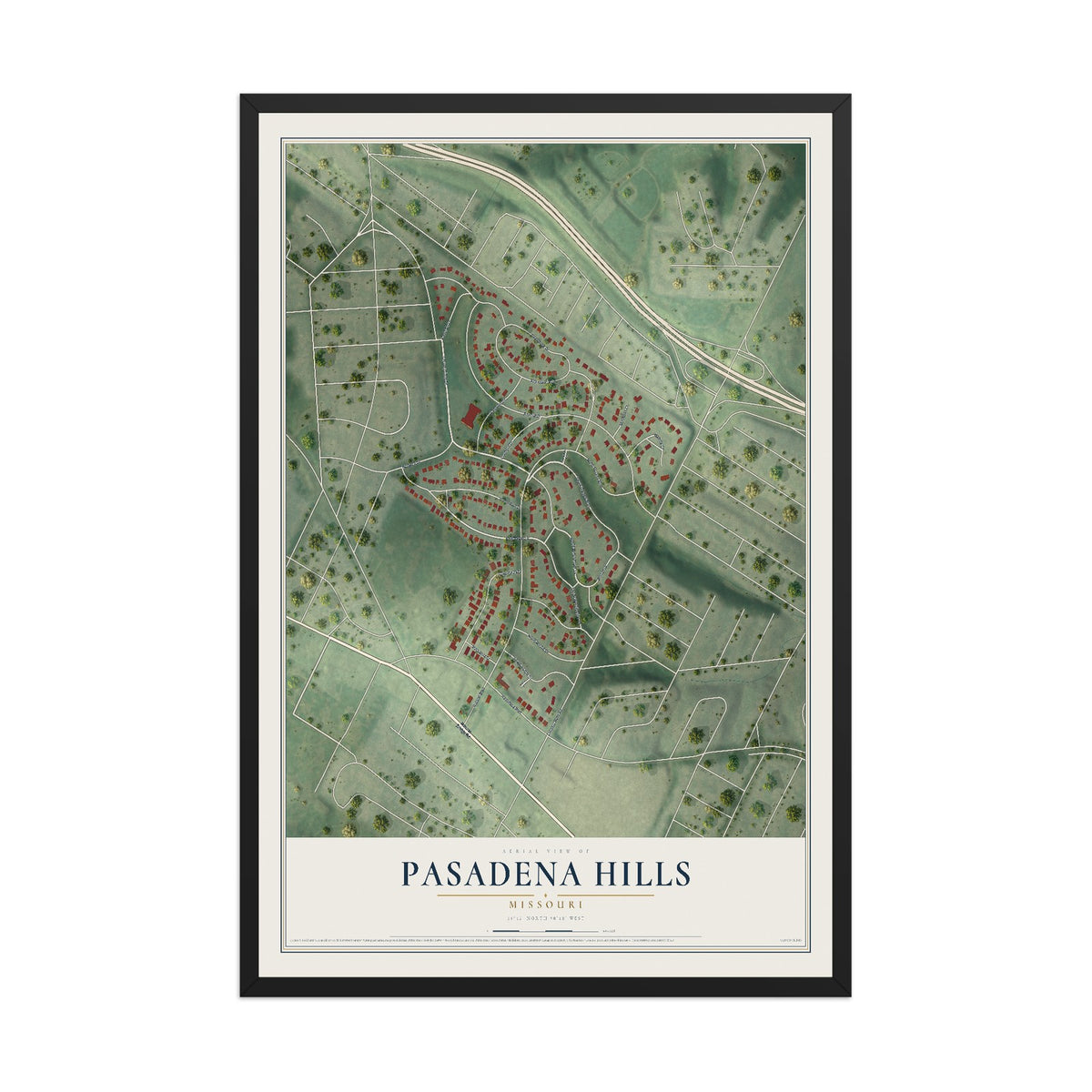 Map of Pasadena Hills, Missouri, 12 x 18 inch print in a black wood frame