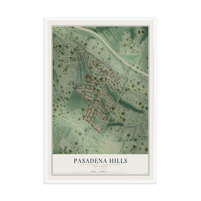 Map of Pasadena Hills, Missouri, 12 x 18 inch print in a white wood frame