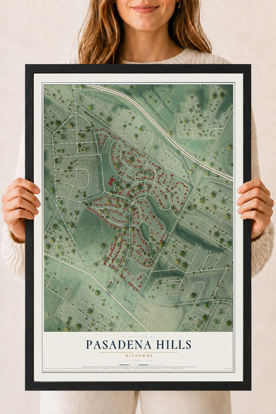 Map of Pasadena Hills, Missouri, 18 x 24 inch print in a black wood frame