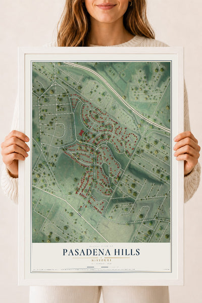 Map of Pasadena Hills, Missouri, 18 x 24 inch print in a white wood frame