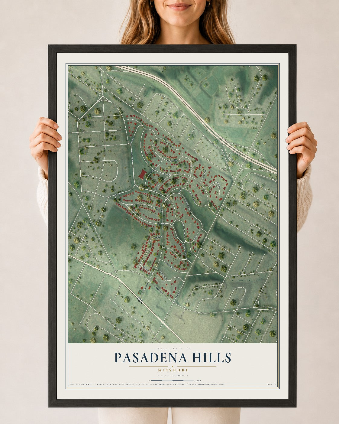 Map of Pasadena Hills, Missouri, 24 x 36 inch print in a black wood frame