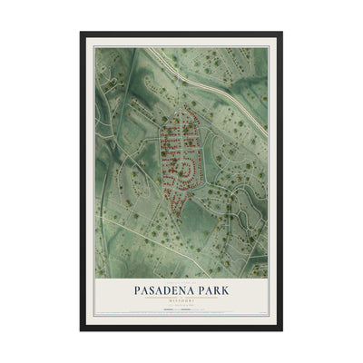 Map of Pasadena Park, Missouri, 12 x 18 inch print in a black wood frame