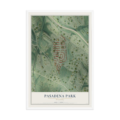 Map of Pasadena Park, Missouri, 12 x 18 inch print in a white wood frame
