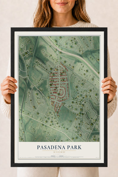 Map of Pasadena Park, Missouri, 18 x 24 inch print in a black wood frame