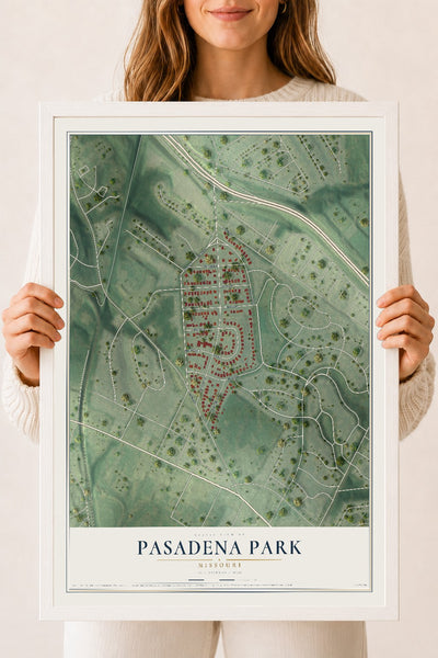 Map of Pasadena Park, Missouri, 18 x 24 inch print in a white wood frame