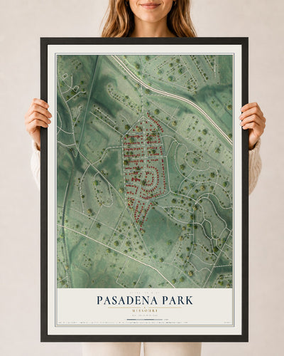 Map of Pasadena Park, Missouri, 24 x 36 inch print in a black wood frame