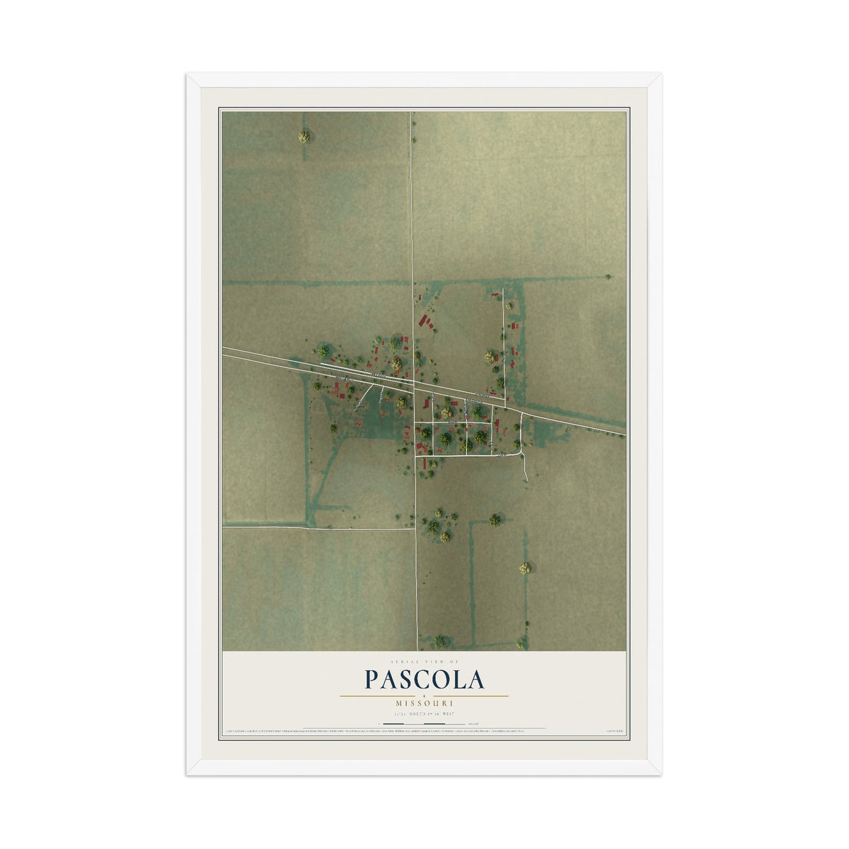 Map of Pascola, Missouri, 12 x 18 inch print in a white wood frame