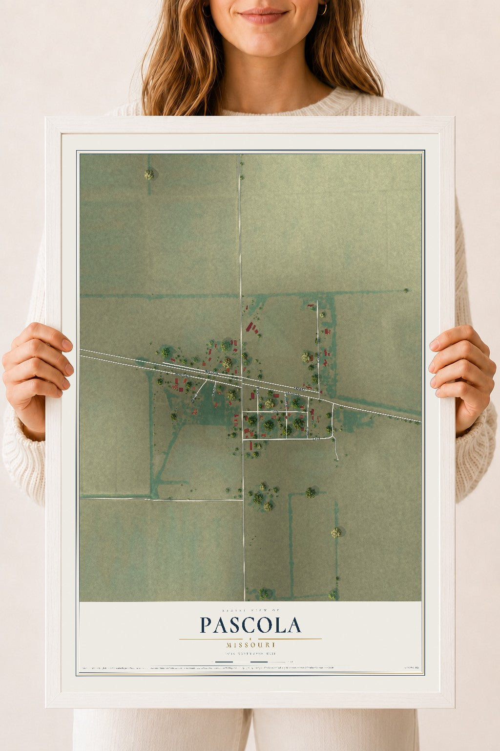 Map of Pascola, Missouri, 18 x 24 inch print in a white wood frame