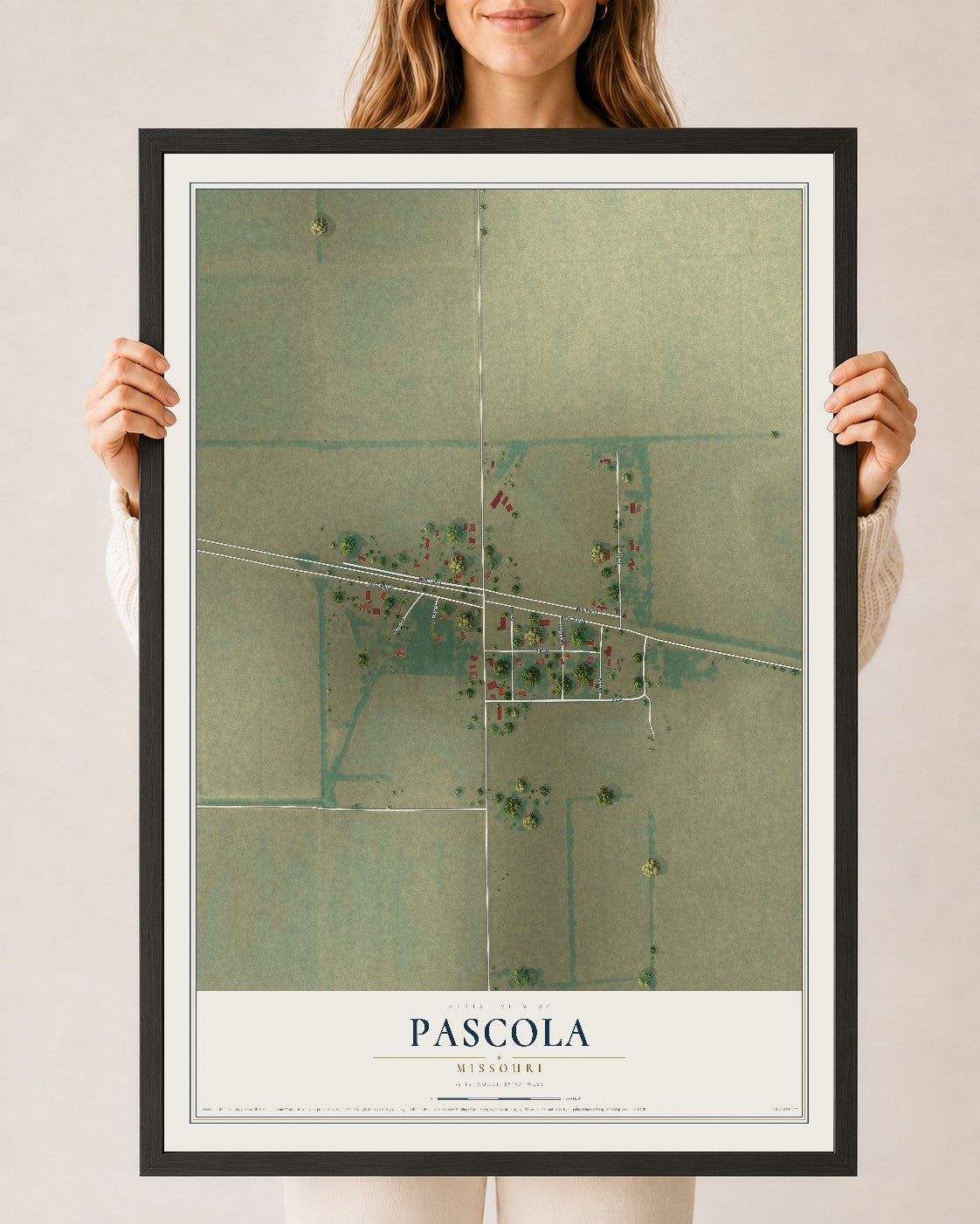 Map of Pascola, Missouri, 24 x 36 inch print in a black wood frame
