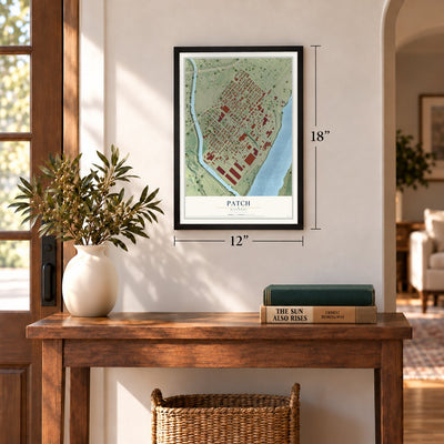 Patch, Missouri map, 12 x 18 inch print in a black frame in an entryway