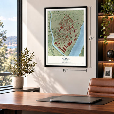 Patch, Missouri map, 18 x 24 inch print in a black frame in a home office