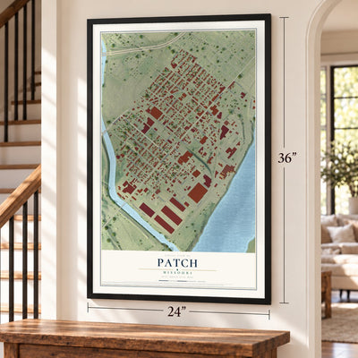 Patch, Missouri map, 24 x 36 inch print in a black frame by a staircase