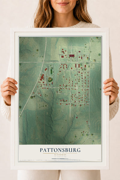 Map of Pattonsburg, Missouri, 18 x 24 inch print in a white wood frame