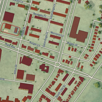 Close-up of the map of Peabody Darst Webbe, Missouri print showing street and building detail