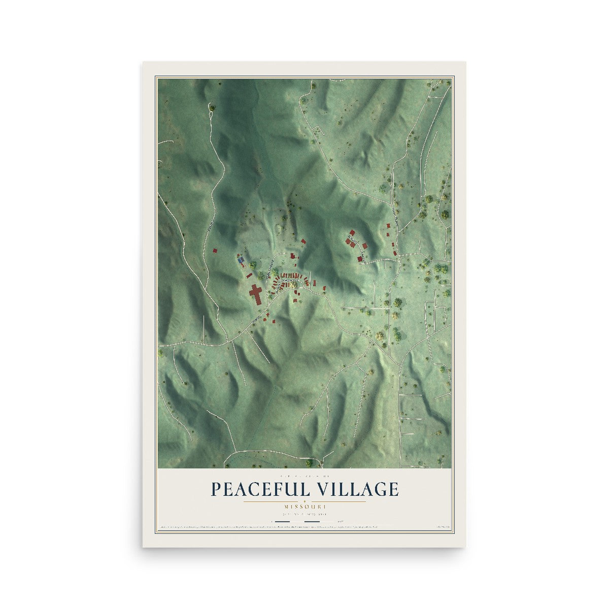 Map of Peaceful Village, Missouri, 12 x 18 inch unframed archival matte print