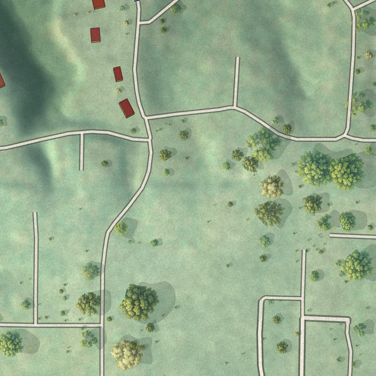 Close-up of the map of Peaceful Village, Missouri print showing street and building detail