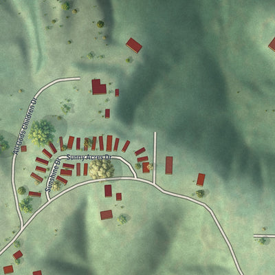 Second close-up of the map of Peaceful Village, Missouri print showing more streets and buildings