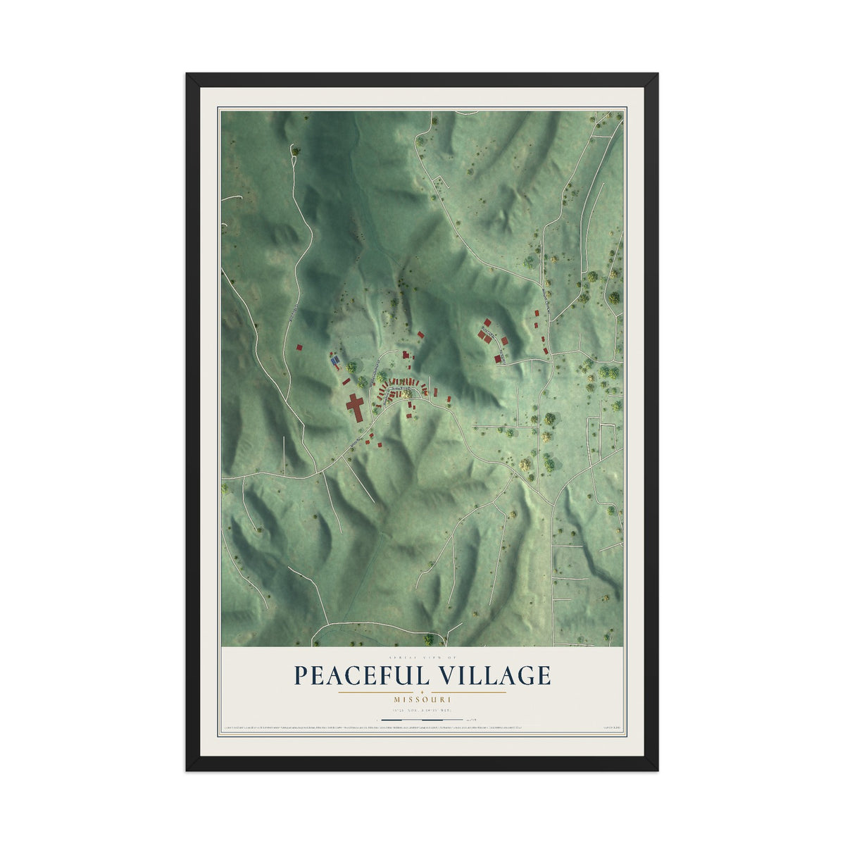 Map of Peaceful Village, Missouri, 12 x 18 inch print in a black wood frame