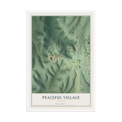 Map of Peaceful Village, Missouri, 12 x 18 inch print in a white wood frame