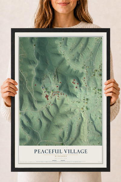 Map of Peaceful Village, Missouri, 18 x 24 inch print in a black wood frame