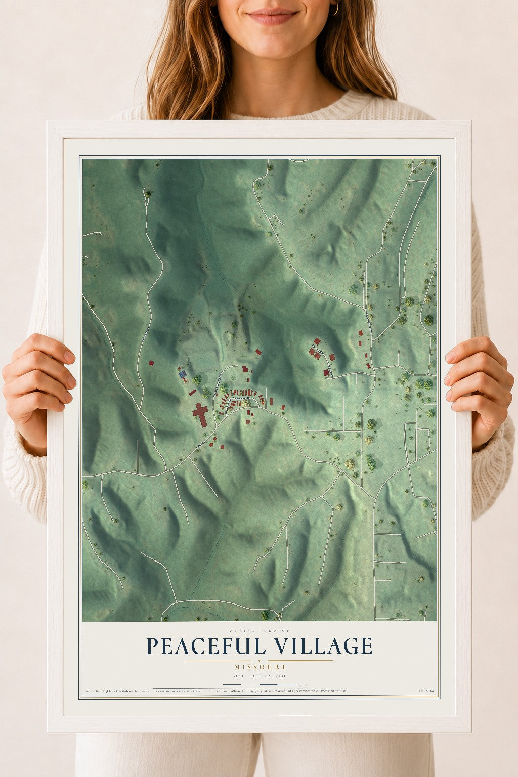 Map of Peaceful Village, Missouri, 18 x 24 inch print in a white wood frame