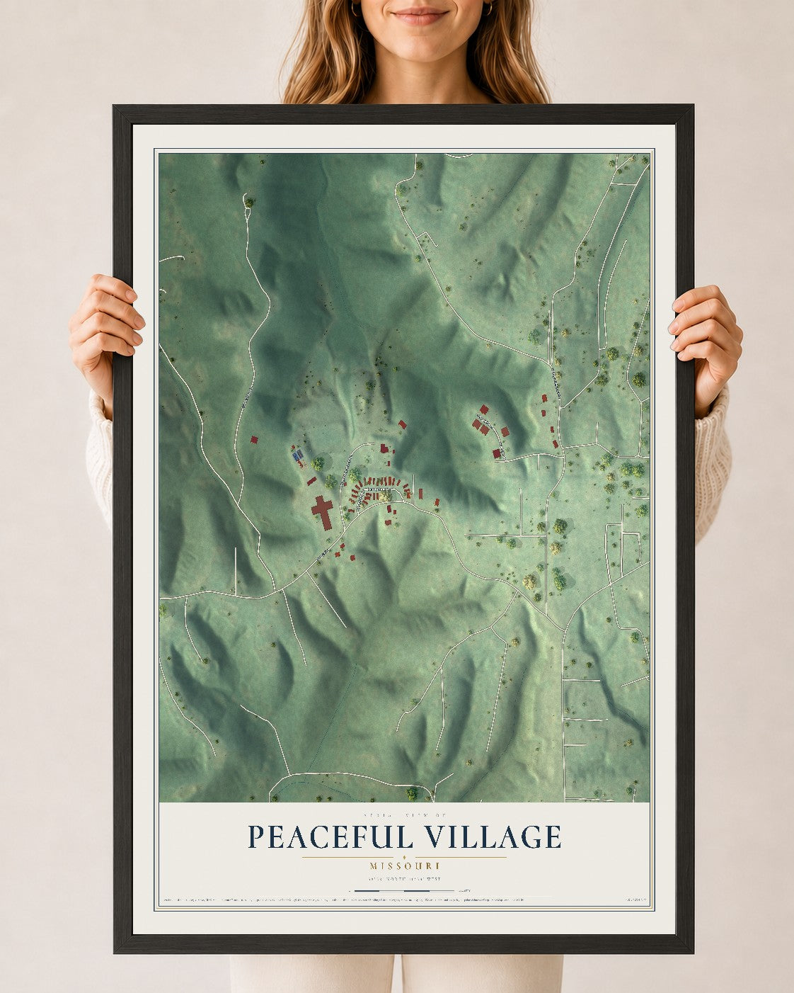 Map of Peaceful Village, Missouri, 24 x 36 inch print in a black wood frame