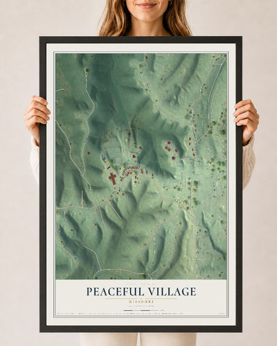 Map of Peaceful Village, Missouri, 24 x 36 inch print in a black wood frame
