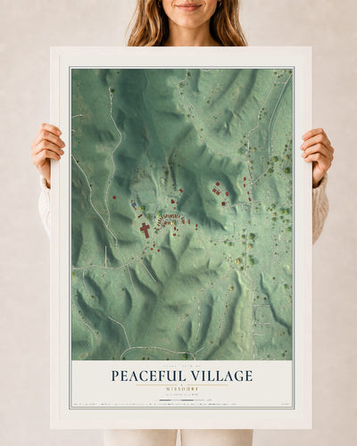 Map of Peaceful Village, Missouri, 24 x 36 inch print in a white wood frame