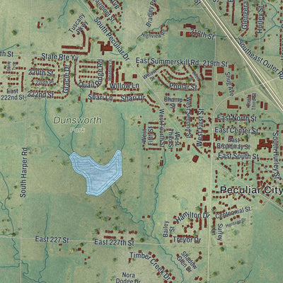 Close-up of the map of Peculiar, Missouri print showing street and building detail